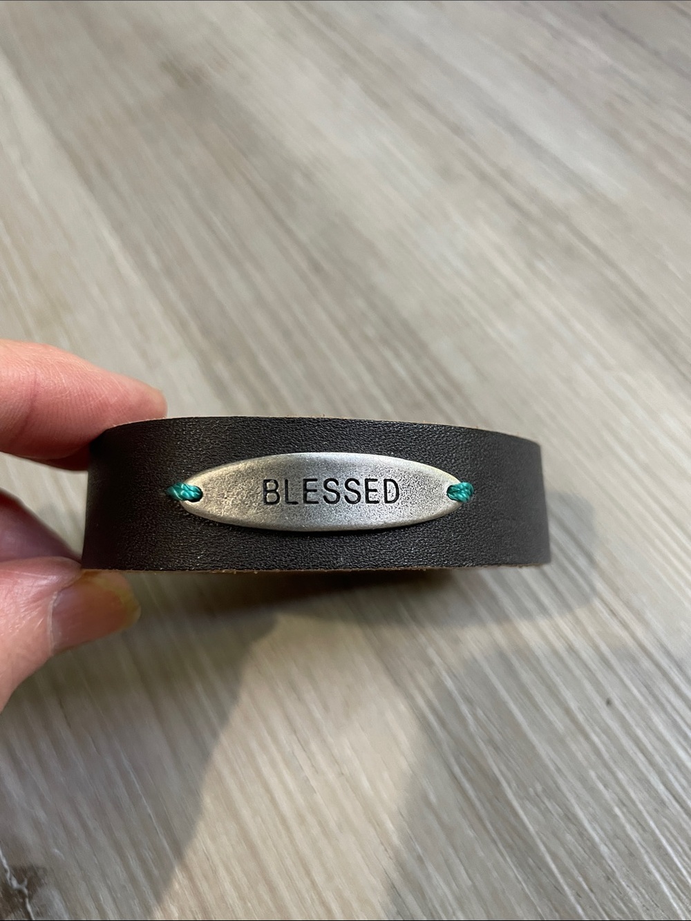 thirty-one Black Leather Bracelet with 'Blessed' Plate and Teal Accents